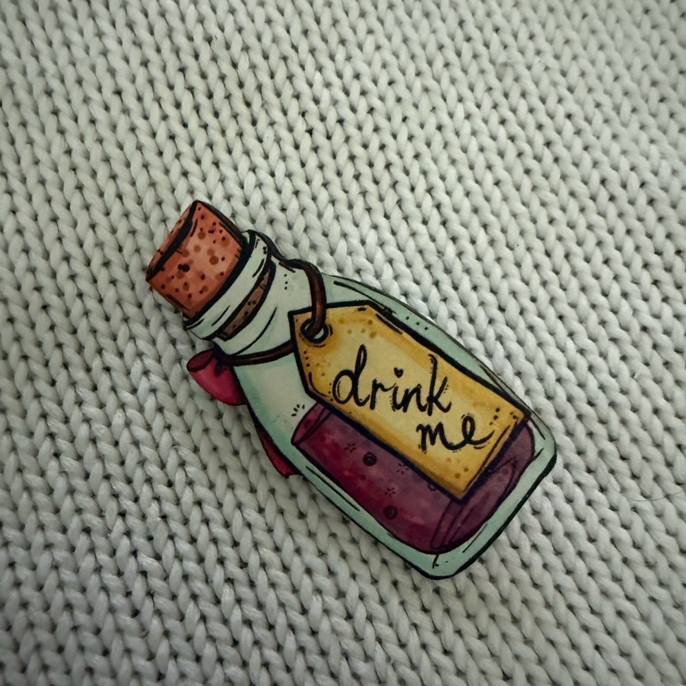 Whimsical 'Drink Me' Wood Pin Brooch